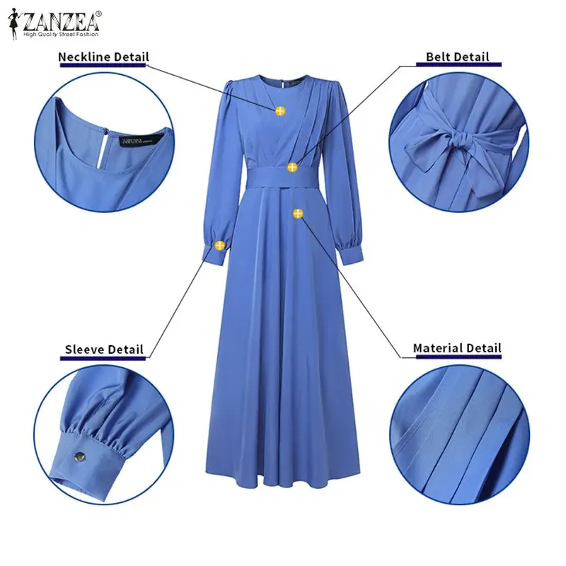 ชุดเดรสยาวมุสลิม ZANZEA สำหรับผู้หญิง ฮิญาบ แขนยาว ดีไซน์เรียบหรู ผูกเอว ทรงเอไลน์ อบายา เสื้อคลุมอิสลาม ไซส์ 3XL