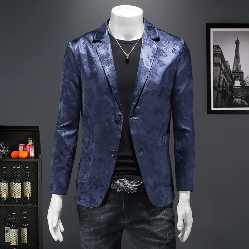 Floral Jacquard Premium Blue Blazers For Men Slim Fit Easy Care Autumn Quality Smooth Comfortable Casual Jackets Terno Masculino