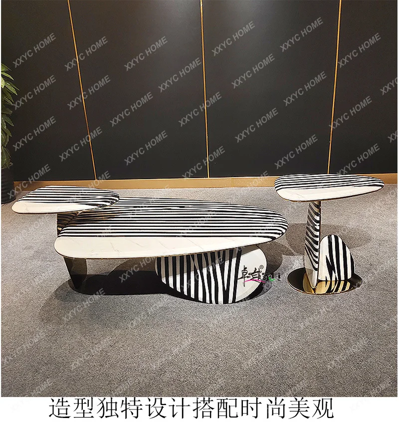 LLight luxury stainless steel high and low zebra tea table  living room marble coffee table combination metal edge table