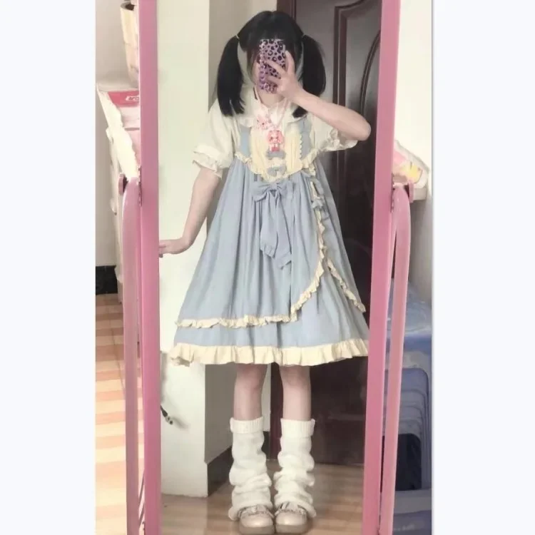 Harajuku Sweet Lolita Dress for Women Y2k E-Girl Mid-length Loose Vest Dresses 2024 Summer New Fungus Blue Vestidos Mujer