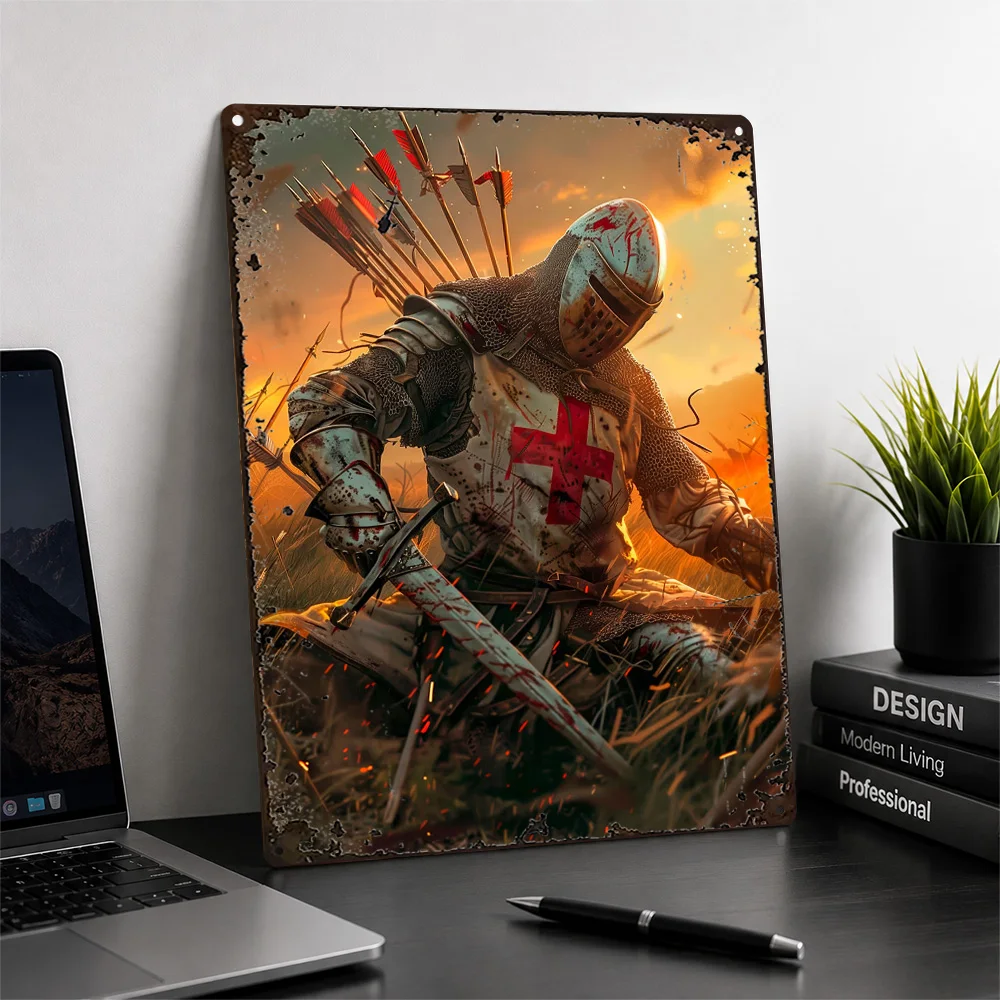 Fallen Crusader With Arrows Aluminum Poster Detailed Illustration Wall Art For Study Personalized Metal Sign Motivational Gift