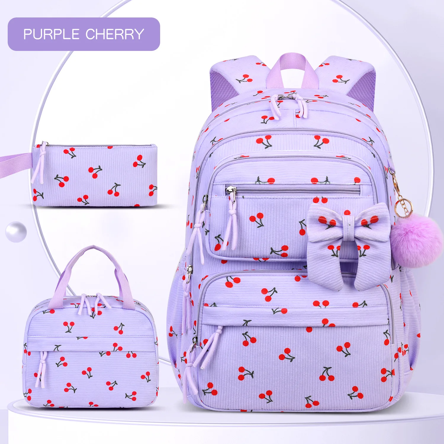 3pcs/set School Backpack for Girls Cherry Pattern Primary School Girl Corduroy Backpack Kids Bookbag Lunch Bag Pencil Bag Set