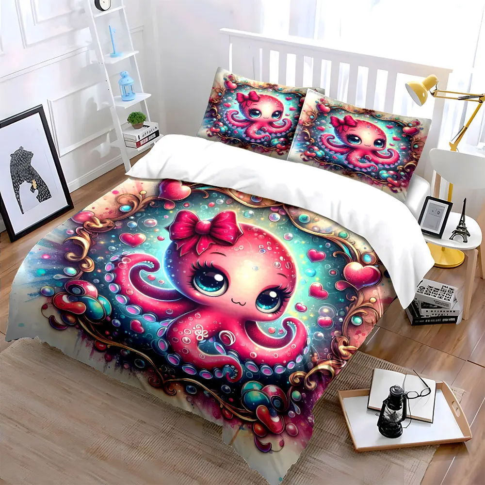 Pink cute octopus with heart decor Bedding Set for Kids Luxury Gift 3pcs Digital Print Comforter Set Soft Comfortable Breathable