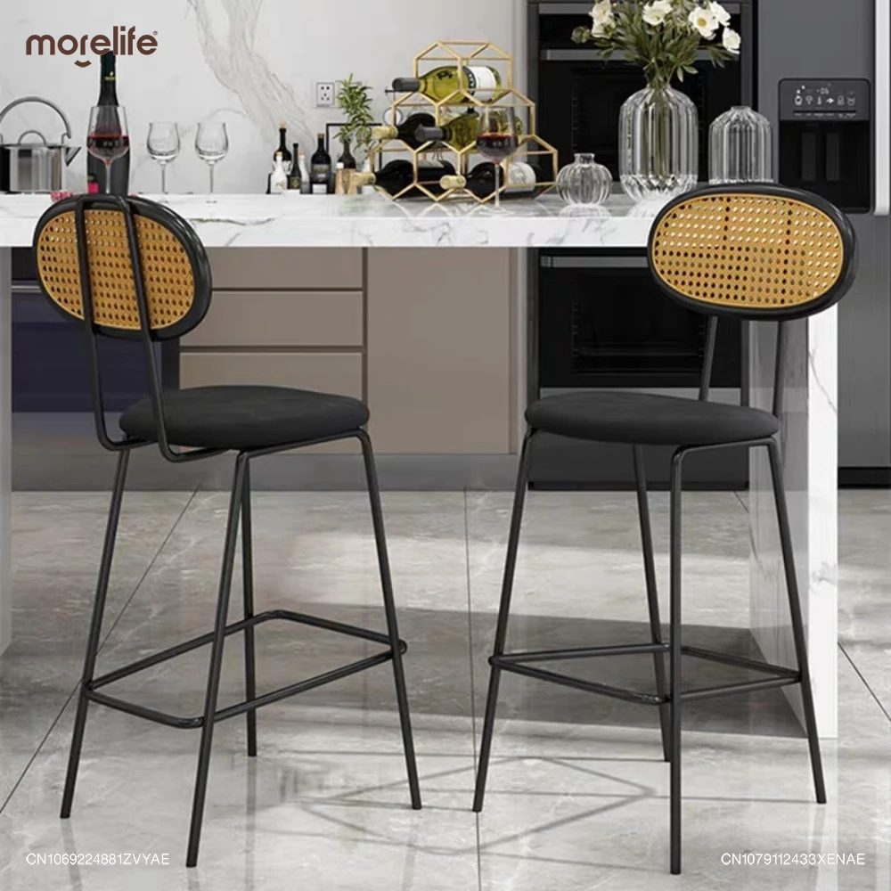 Nordic Rattan Solid Wood Bar Chair High Stool Modern Simple Personality High Chair Designer Creative Rattan Iron Home High Stool