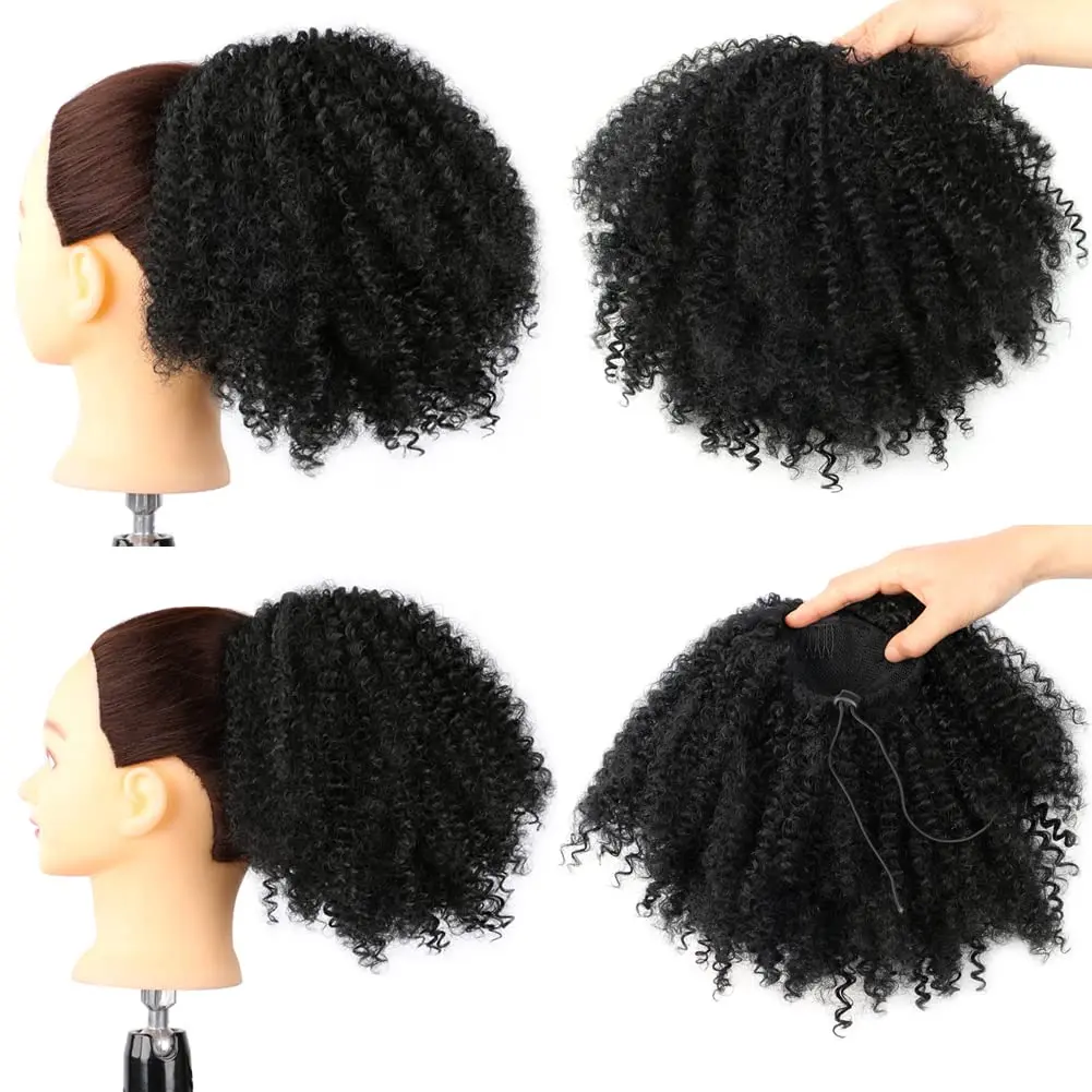 10 Inch Afro Kinky Curly Ponytail Hair with Clips Synthetic Hair Short Marley Hair Drawstring Ponytail Black Color for Women
