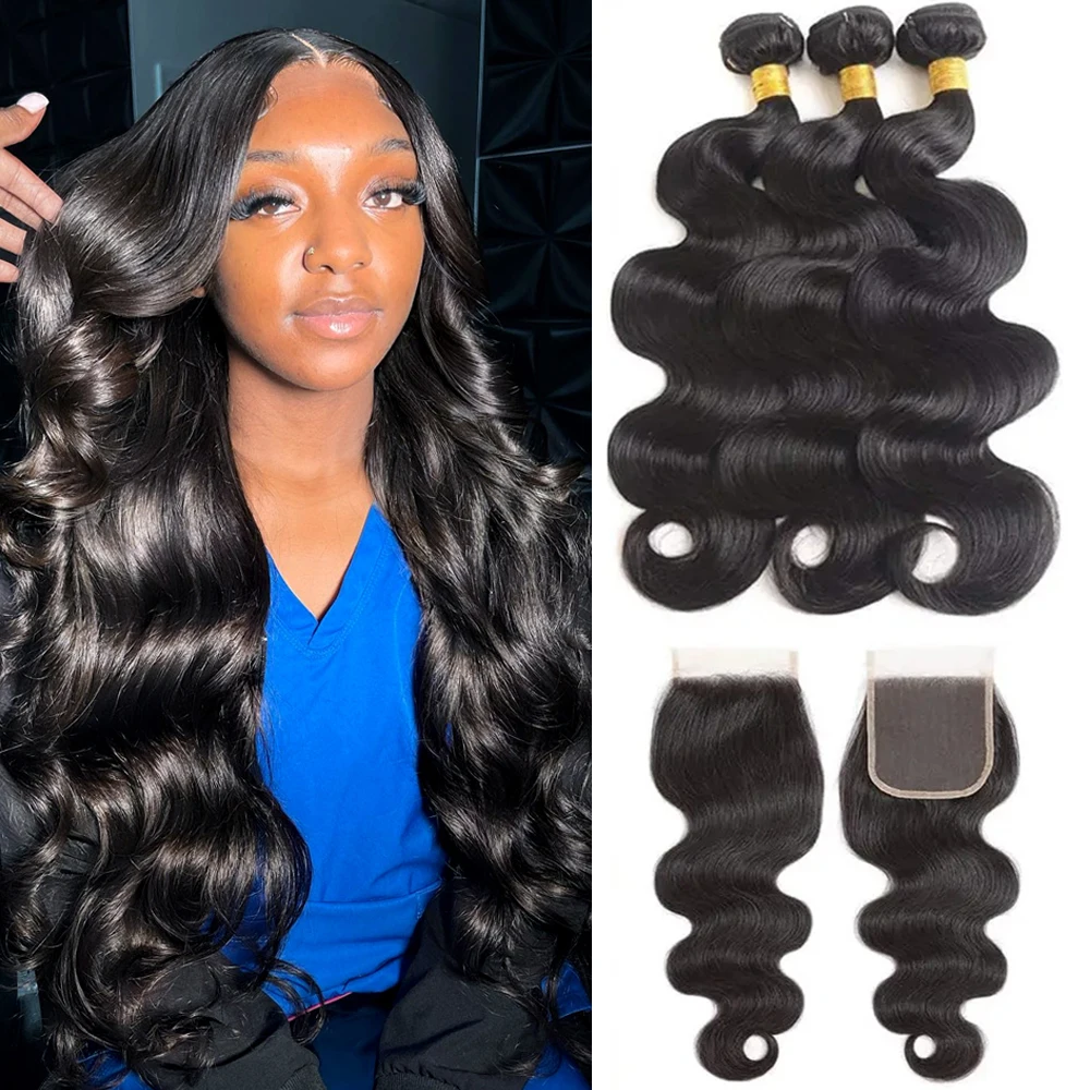 Body Wave 100% Human Hair Bundles With Closure Unprocessed Brazilian 3 Bundles with 4x4 Free Part HD Lace Closure For Women Remy