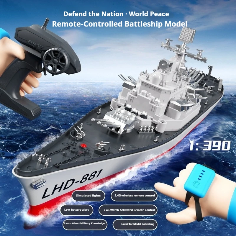 2.4G Remote Control Warship 1 390 Scale Battleship Model Watch Sensor Controlled Waterproof Electric RC Boat For Water Pool Play