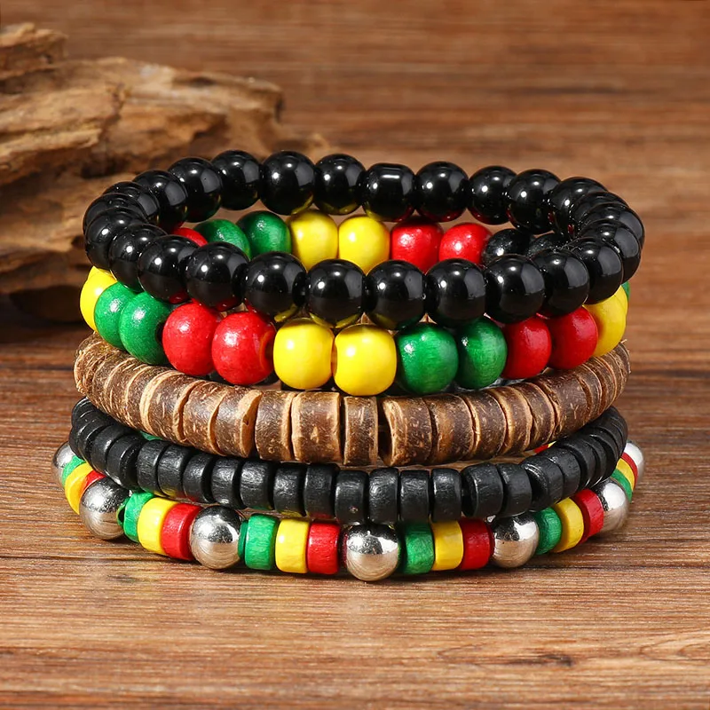 5Pcs Colorful Reggae Style Stackable Bracelets Set Boho Ethnic Hand Jewelry Gifts Red Yellow Green Black Wood Beaded Wristband