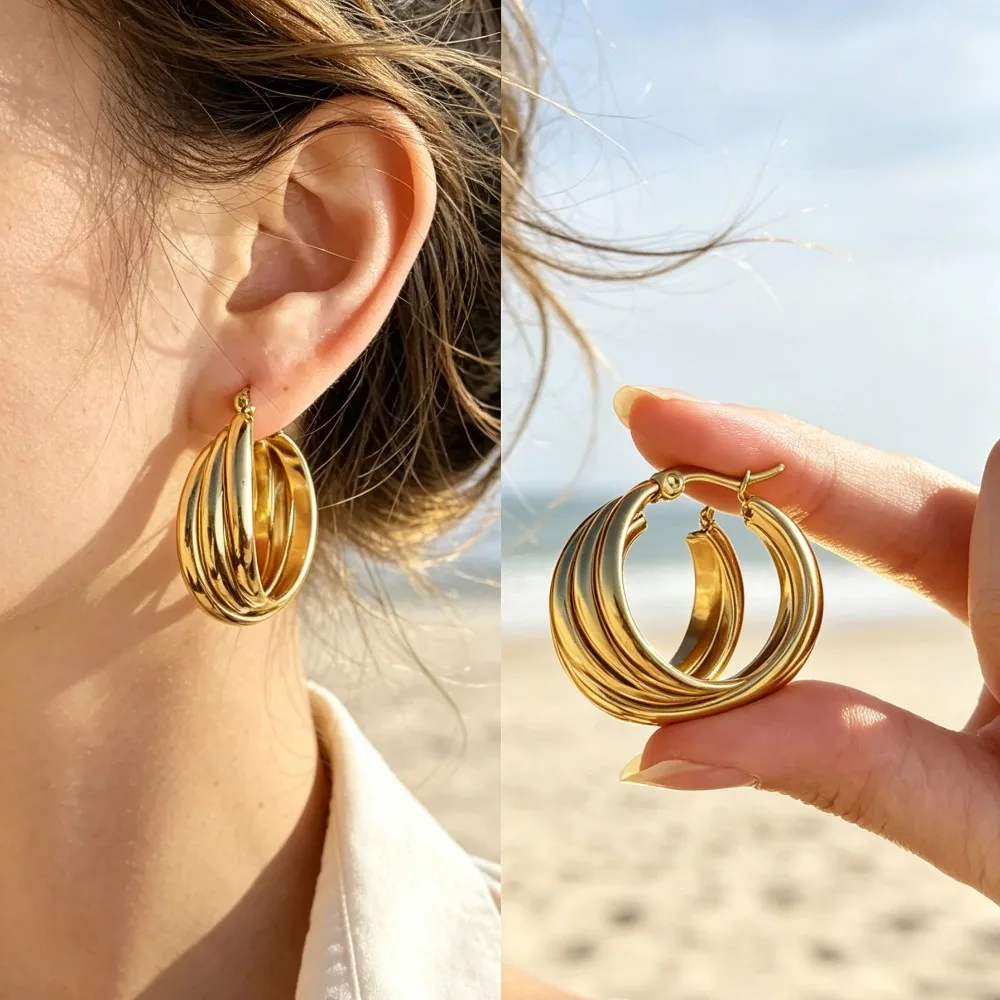 Three Layer Stainless Steel Hoop Earrings for Men & Women, Niche Temperament Minimalist Fashion Body Jewelry
