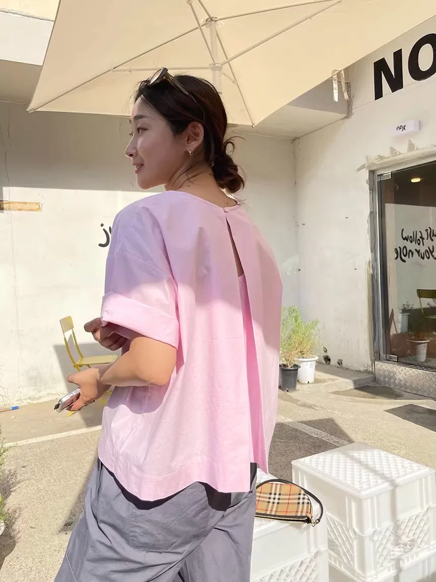 Loose Korean Sle Hollow out ort Sve round Ne Pink irt Women's Summer New Design Sense Button up Casual Cotton Top