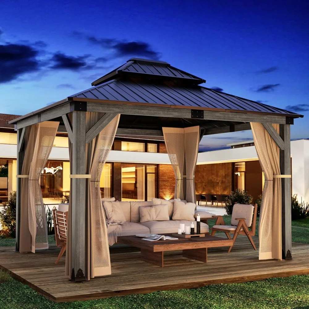 

10x12 FT Wood Gazebo, Cedar Wood Frame Gazebo with Double Metal Roof, with Netting & Curtains, Outdoor Wooden Gazebos