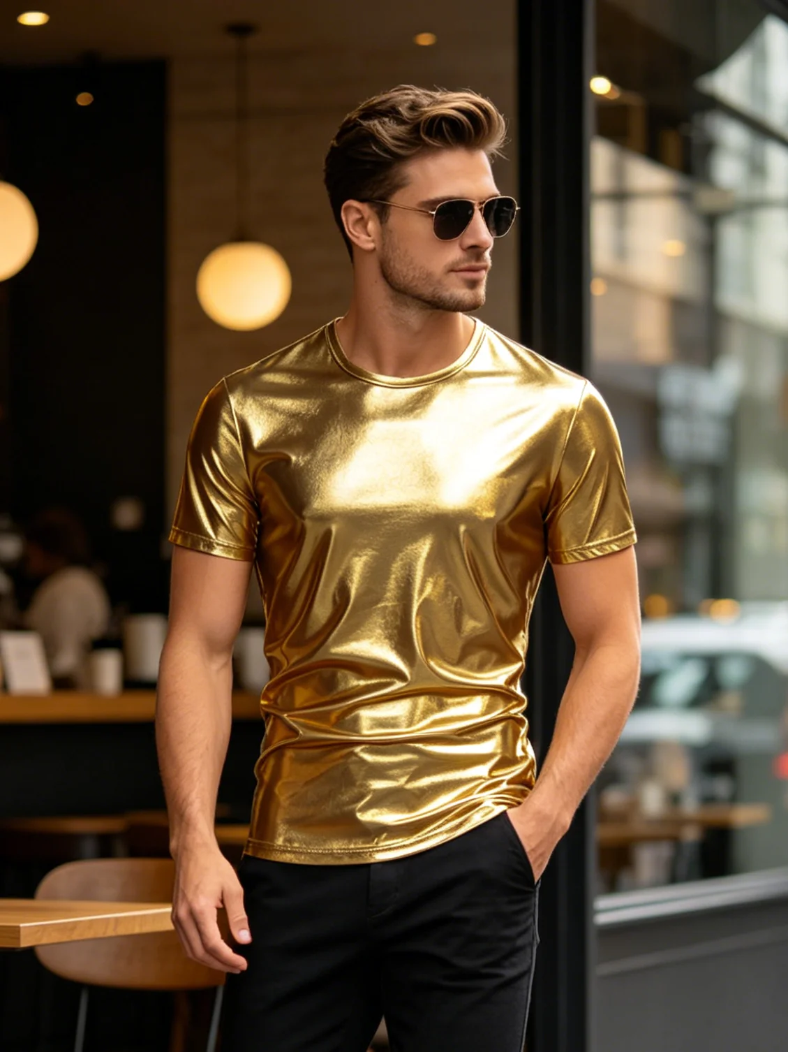 Herren Gold Glänzendes Kurzarm-T-Shirt, Party, Sport, Modisches Freizeit-Oberteil – Detail 6