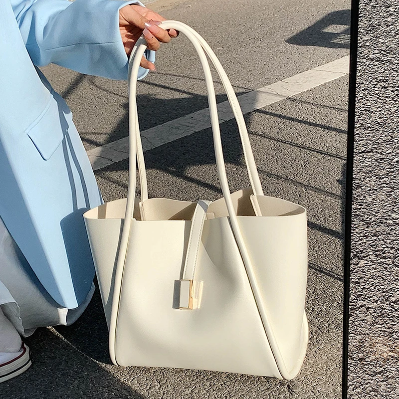 

Large Capacity Women Tote Bag Solid Color Simple All-Matched Female Handbag High Quality Pu Leather Ladies Single Shoulder Bag