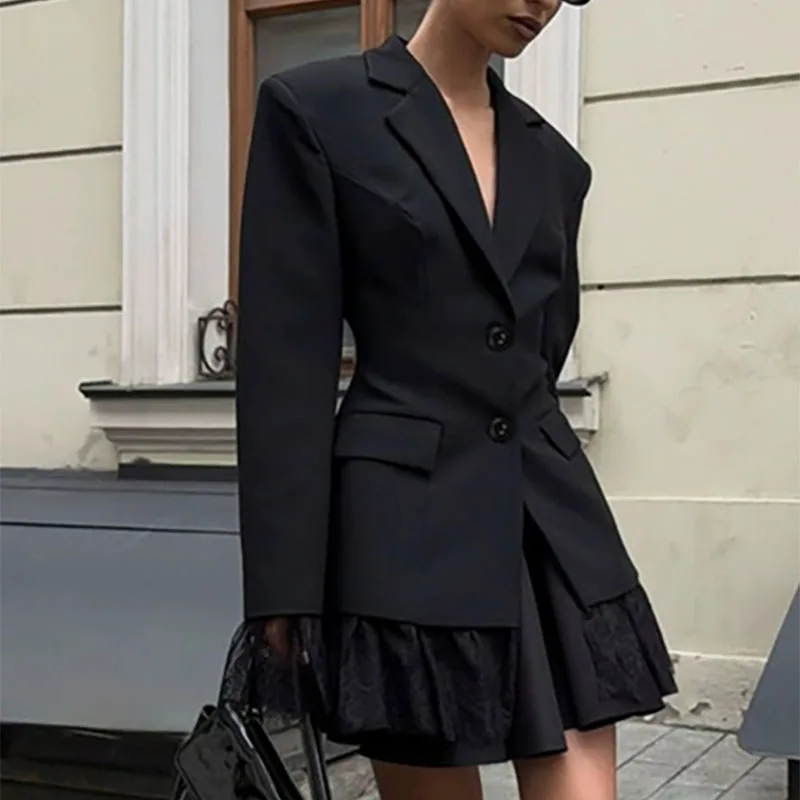 Elegant Temperament Button Office Outerwear Autumn Black Lace Patchwork Blazer Coat Fashion Street Long Sleeved Women's Jacket