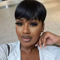 Peluca de cabello humano natural negro con corte pixie corto para mujeres negras, cabello brasileño Remy, peluca recta hecha a máquina, preestilizada