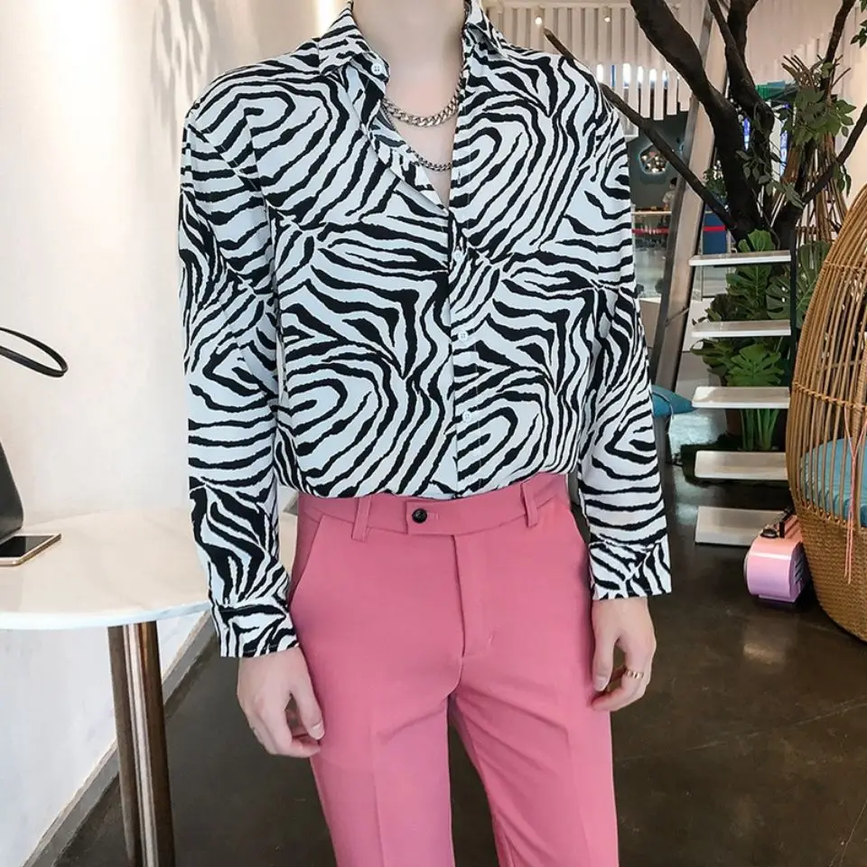 

2022 Spring New Men Fashion Casual Long Sleeved Printed Striped Tops Shirt Male Slim Fit Social Formal Business Polo Shirts L163