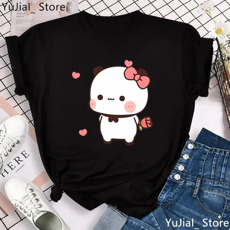 Kawaii Panda Bubu Dudu Cartoon Print T Shirt Girls Pink Bow Rose Love Tshirt Women Gray/Green/Yellow/Pink/Black/White T-Shirt