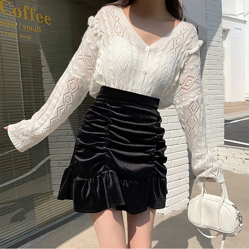 Velvet In Autumn And Winter Solid A-Line Mini Hem Ruffles New Chic Ruched All-Match High Waist Hot Selling Lovely Girls Elegant