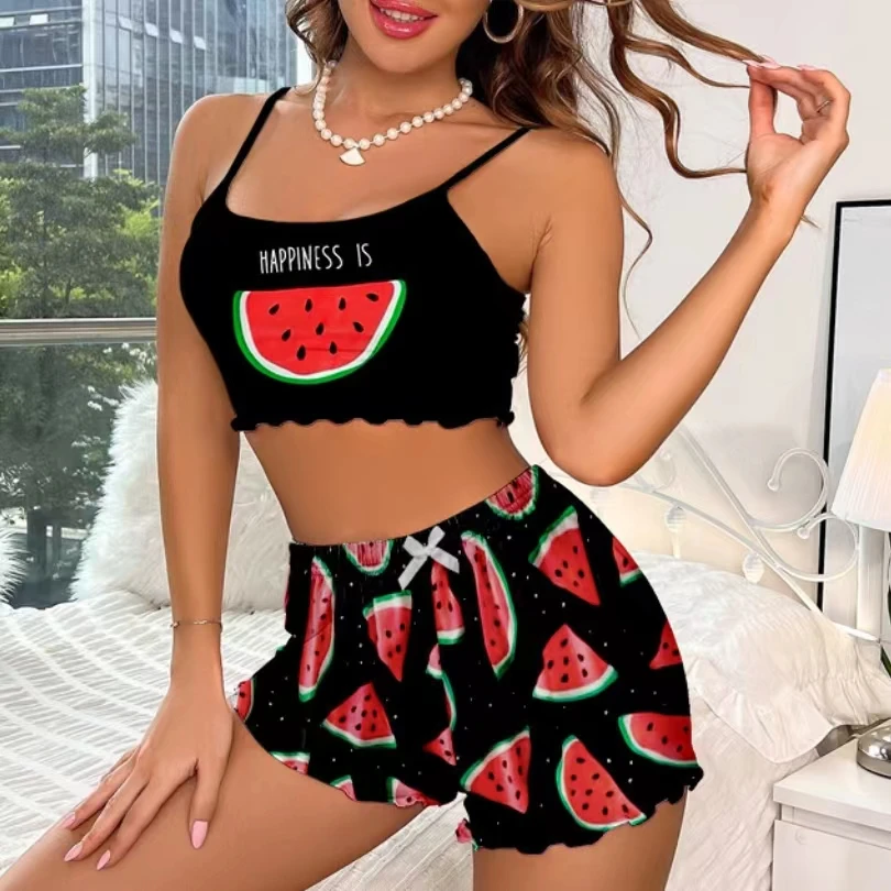 Women\'s Pajamas Set Sleepwear 2 PCS Short Tank Tops And Shorts S M L Black Ventilate Soft Casual Watermelon Printing