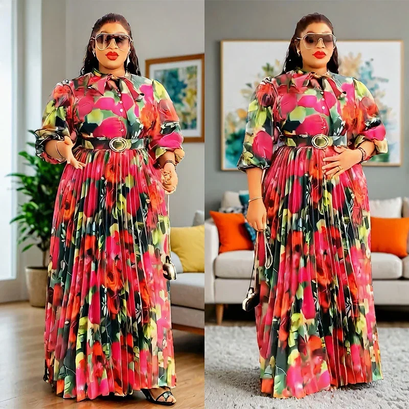 Print Chiffon Maxi Dress African Dresses For Women Elegant Puff Sleeve High Waist Dress Africa Clothing Vestidos Robe Party