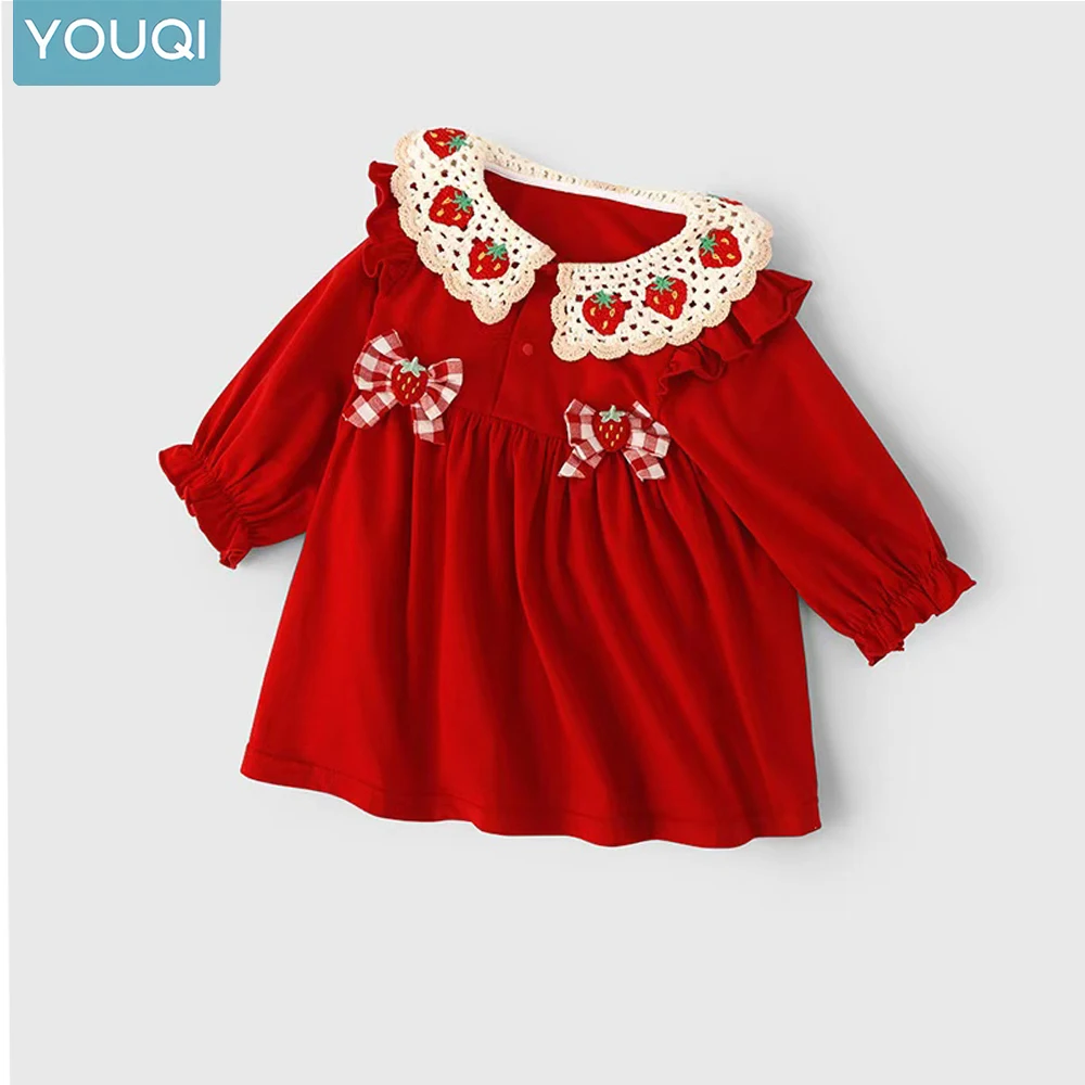 

Strawberry Princess-Style Long Sleeve Dress, Suitable for Female Infants with Adorable Sweetheart Design for Spring and Autumn S