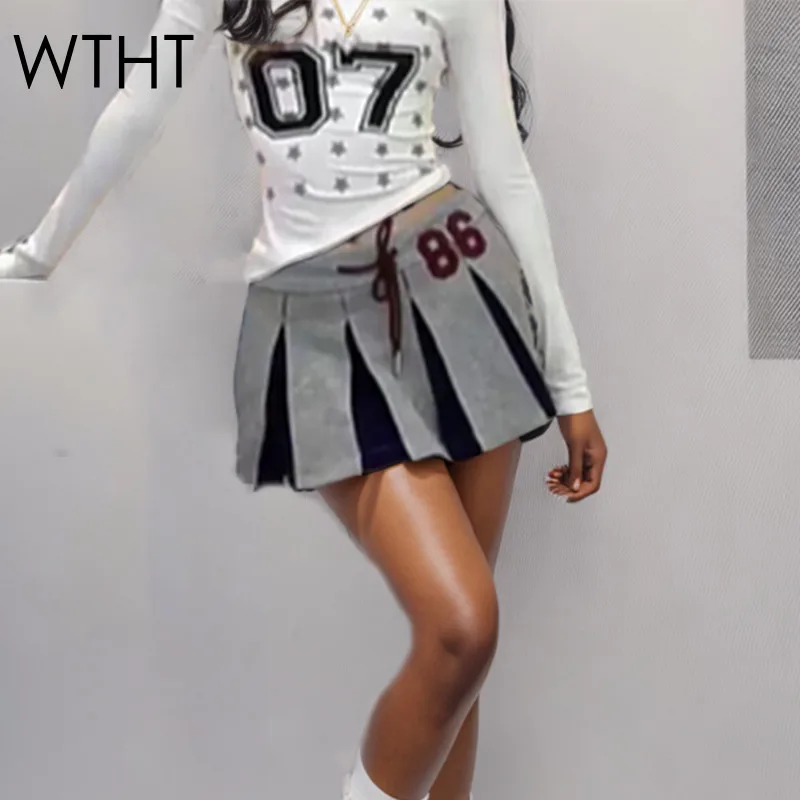 

WTHT Fashion Women's Contrast Color Letter Print Drawing Design Mini Skirt Trendy High-waisted Pleated Skirts Female 1LS1605