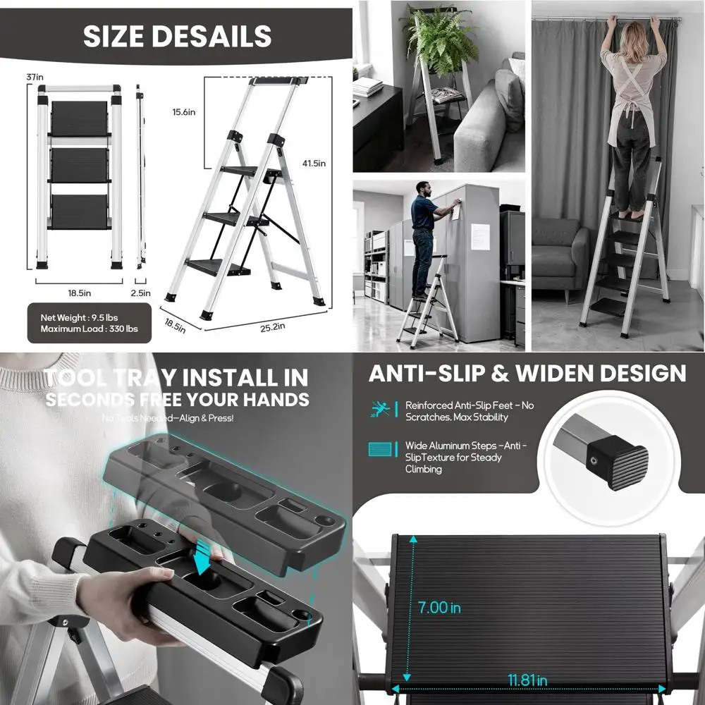 

Aluminum 3-Step Folding Ladder with Handrails, Tool Tray, Anti-Slip, Lightweight, 330lbs Capacity for Kitchen & Outdoor Use