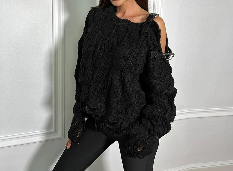 2025 خريف شتاء جديد الجوف خارج ممزق تصميم سترة فضفاضة طويلة الأكمام تريكو