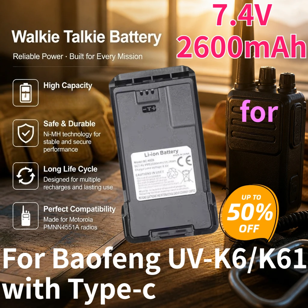 New Walkie-Talkie Batteries with Type-C 7.4V 2600mAh Battery for Baofeng UV-K6/K61 Replacement Rechargeable Lithium Battery