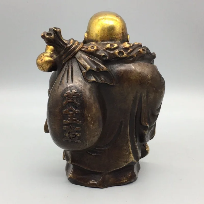 Chinese-style retro Maitreya Buddha figurine, large-bellied smiling Buddha, money bag Buddha, antique bronze craft for living ro