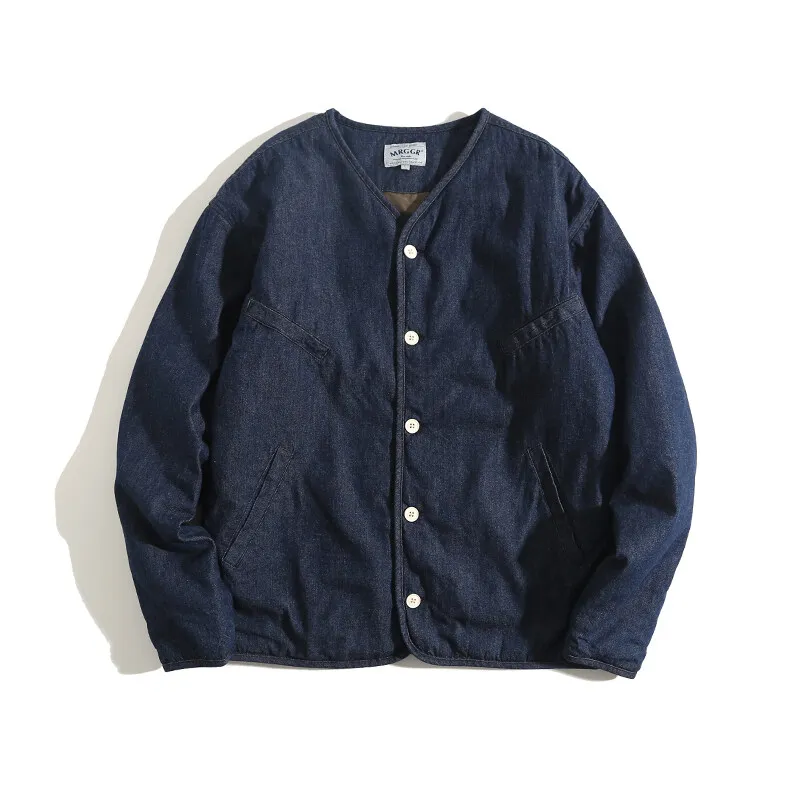 American retro collarless denim jacket for men, multi-pocket thick cotton jacket, loose and casual, layering cotton coat, winter