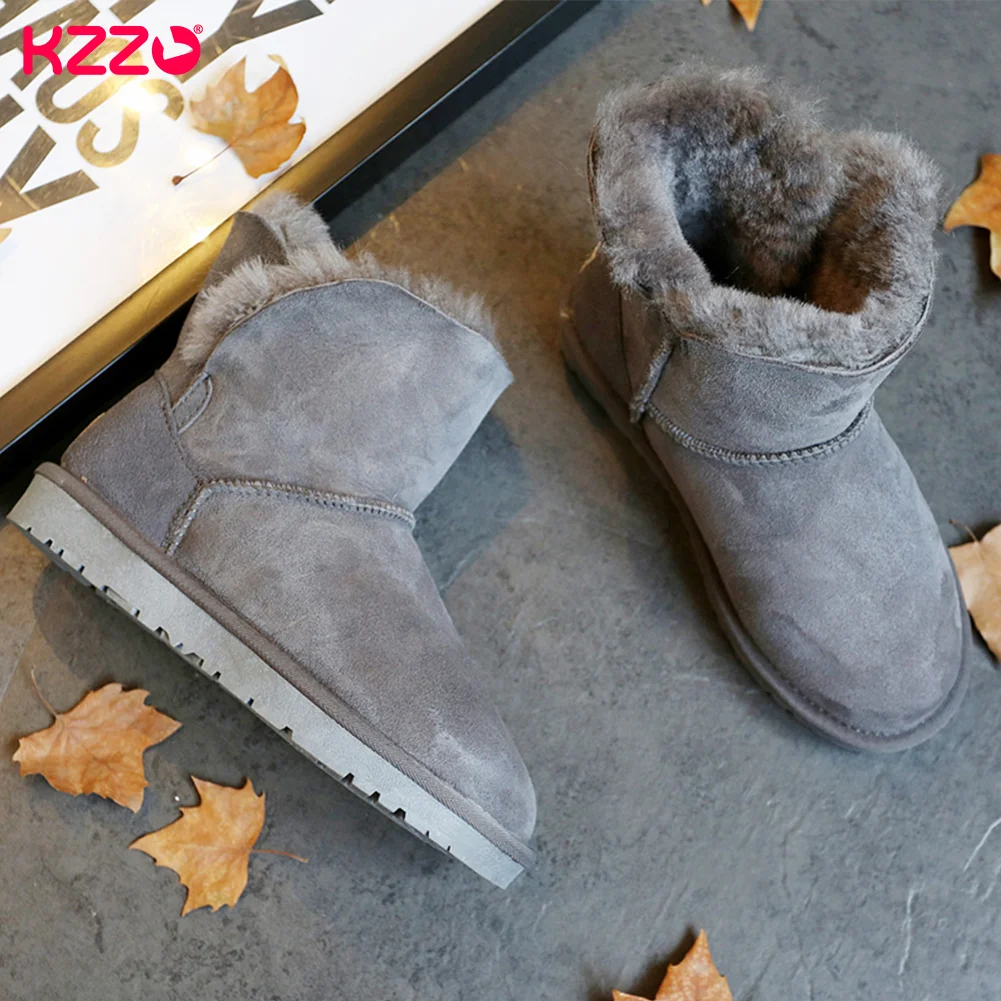 KZZO New Women Australia Sheepskin Leather Short Snow Boots Natural Wool Fur Lined Fashion Ankle Winter Warm Shoes Non-slip