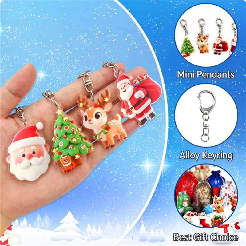 random 6pcs christmas acrylic keychains santa claus snowman elk xmas tree bag charm key ring holiday gift