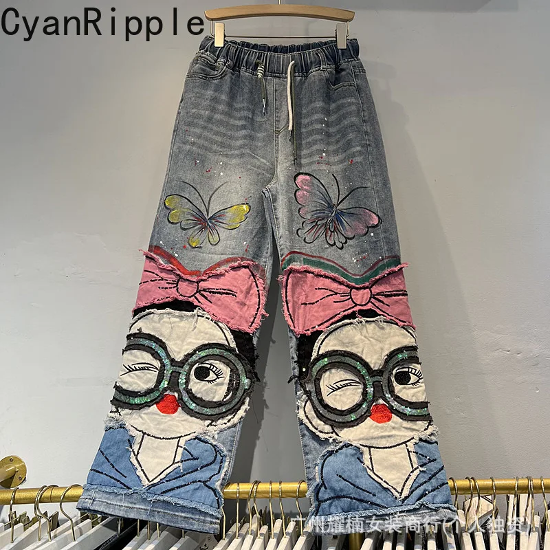 Fashionable New Autumn Women Straight Jeans Age Reduction Cute Sequins Cartoon Embroidery Elastic Waist Casual Denim Pants