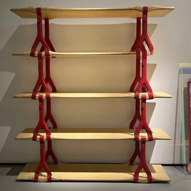 Ash Wave Bookshelf Full Solid Saddle Leather Five-Layer Bookshelf Designer Shelf Hanging Italian Simple