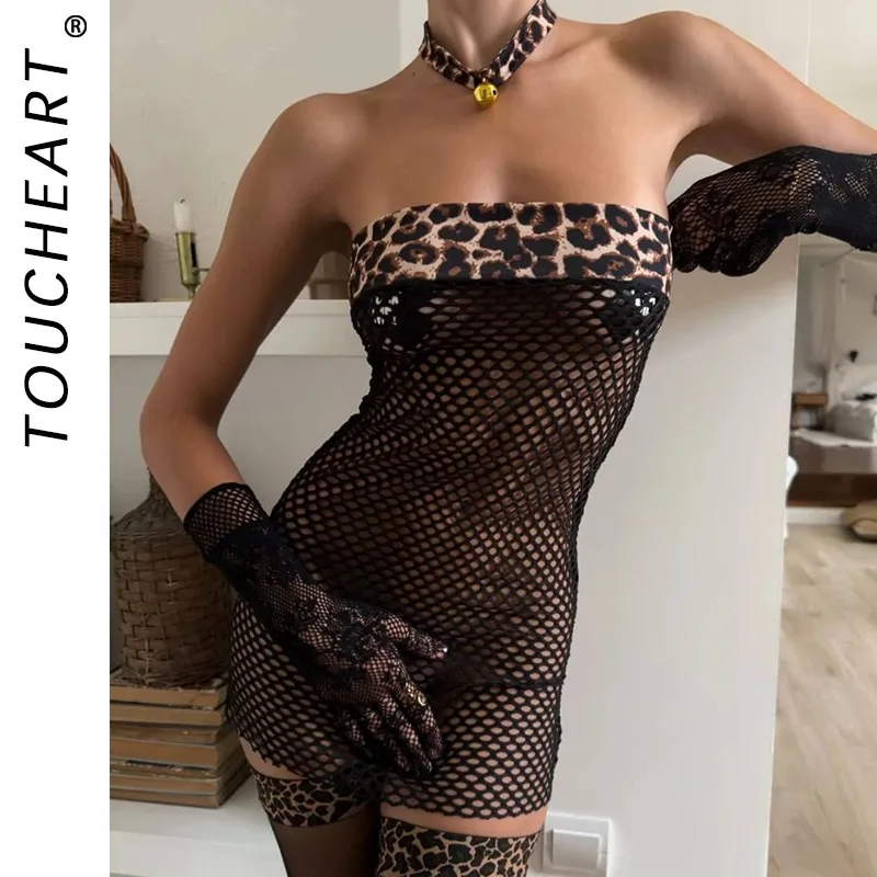 

Toucheart Sexy Leopard Print Lace Hollow Out Interesting Uniform Underwear See-through Women Patchwork Bodycon Dress Mesh Set