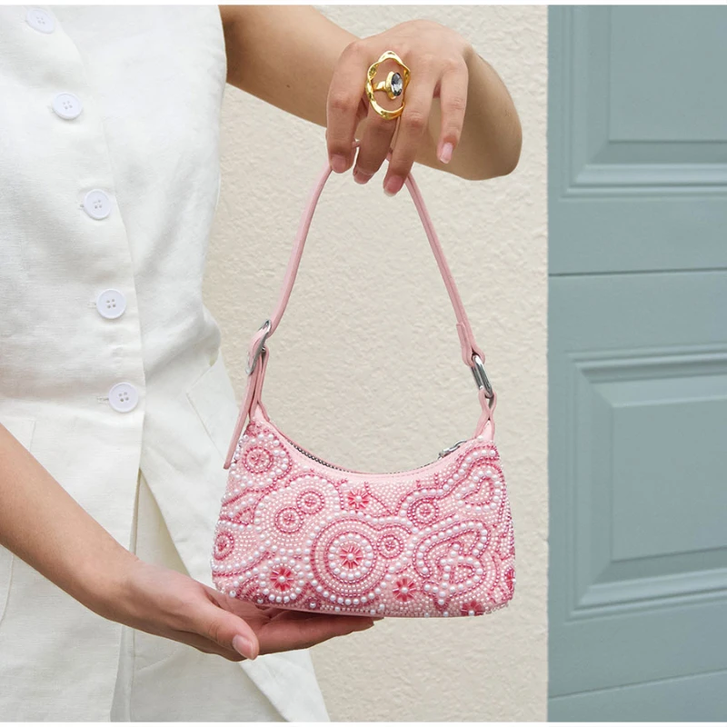 Luxuriöse Perlenverzierte Handgefertigte Stofftasche mit Blumenmuster, Vintage-Handtasche, Elegante Leichte Abendtasche für Damen – Detail 5