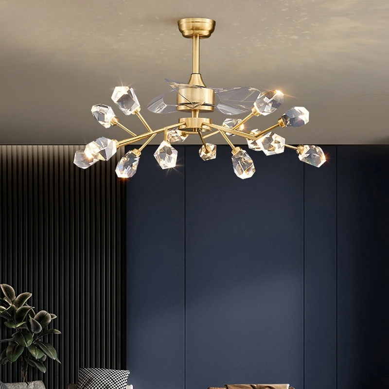 All-copper crystal fan chandelier simple frequency conversion remote control ceiling fan light luxury living room
