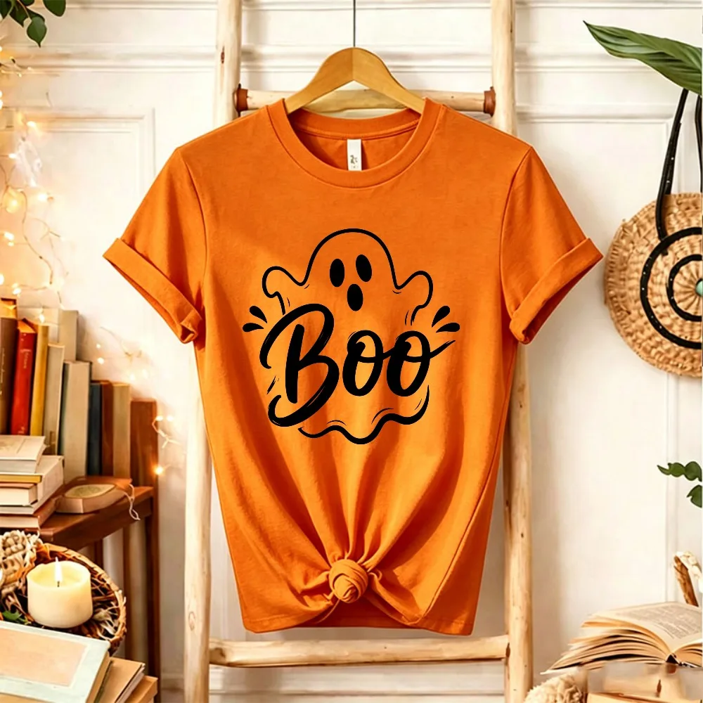 Boo Cute Ghost Halloween T‑Shirt Simple Hand Drawn Ghost Letter Slogan Print Spooky Fall Holiday Casual Halloween Party Tops Tee