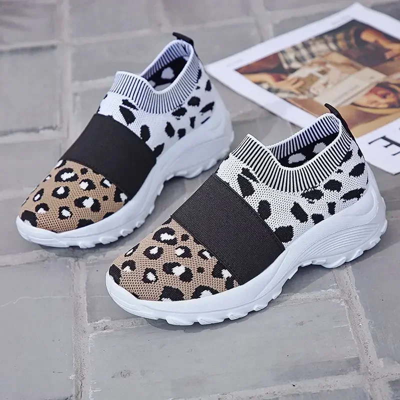 Women Leopard print Sneaker Walking Fitness Sport Shoes Chunky Platform Height Increasing Breathable Loafers Elastic Trainers