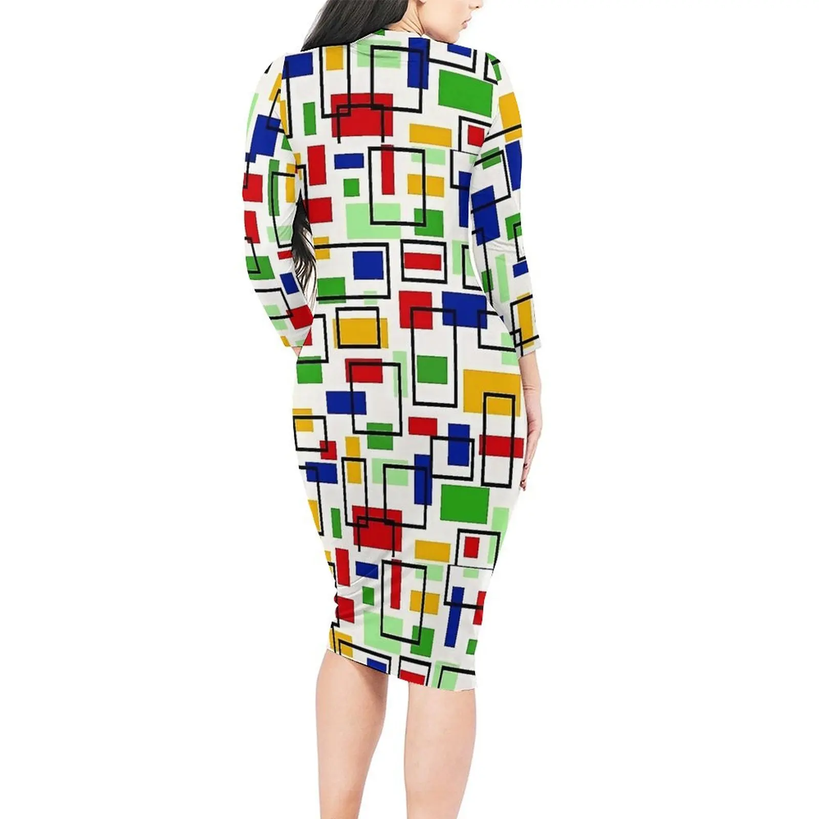 Colorful Mondrian Print Dress Women  Street Fashion Bodycon Dress Autumn Long Sleeve Elegant Dresses Custom Oversized Vestido