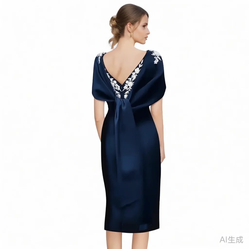 Exquisite Guest Wedding Party Dresses Crepe Fabric Sheath/Column Cocktail Dress Navy Blue O-Neck Pearls Ruffles Prom Dress Midi