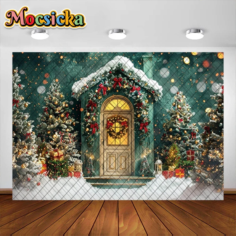 Mocsicka Christmas Candy House Photography Background Xmas Tree White Snow Garland Holiday Decor Girl Portrait Photo Backdrop