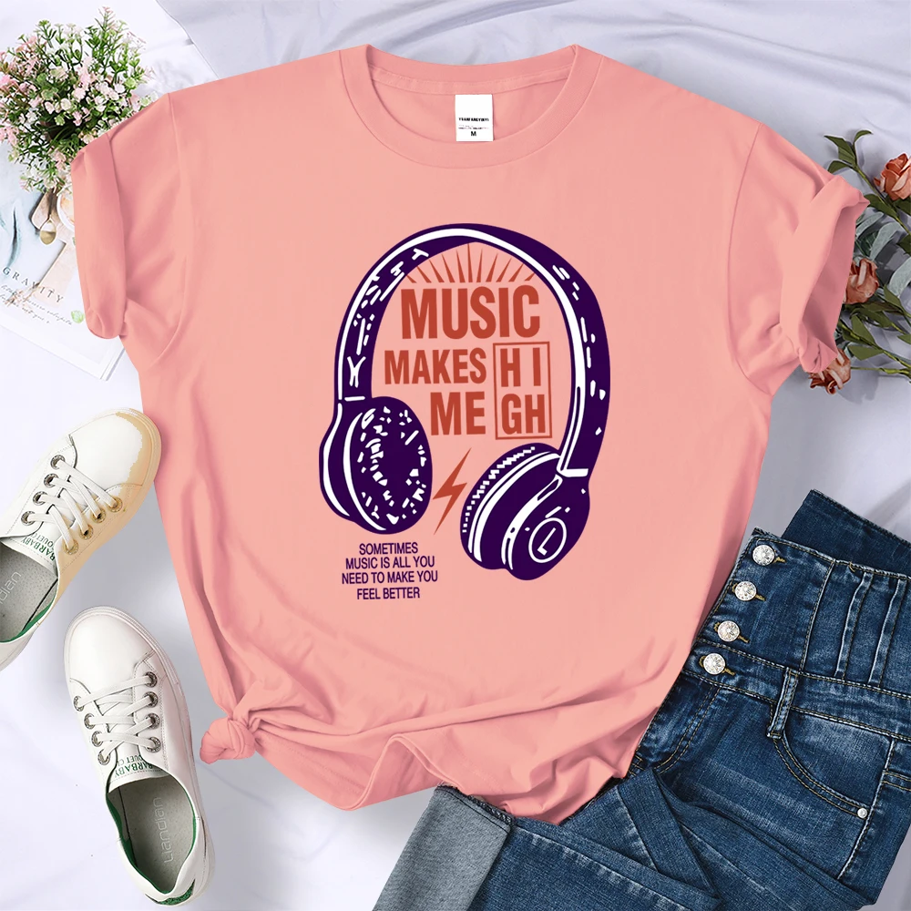 Music Makes Me High Printed Women Tshirts Summer Fashion T-Shirts Breathable O-Neck Tees Shirts Soft Comfortable T-Shirt Female