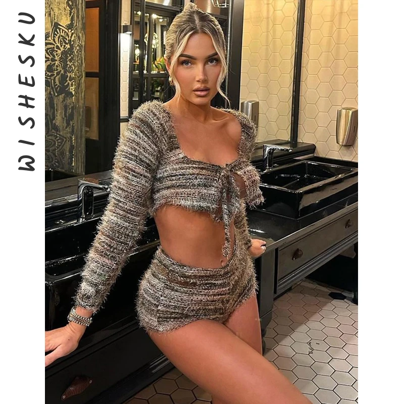 2 Piece Set Women Knitted Stripe Outfits Sexy Square Collar Long Sleeve Lace Up Crop Top+High Waist Shorts 2024 Spring Fall