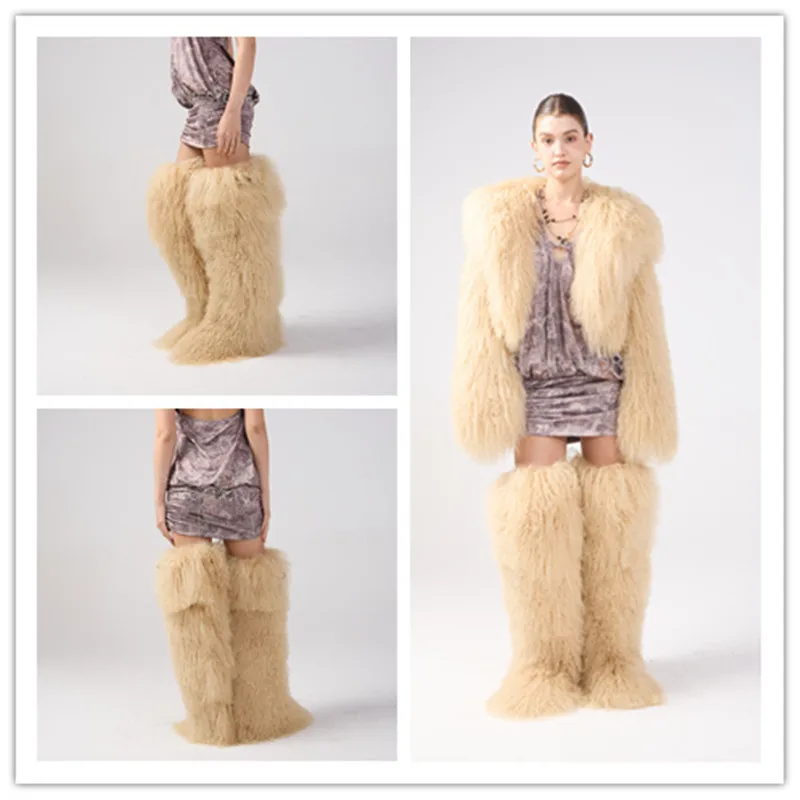 72cm Winter Long Mongolian Wool Snow Boots Real  Warm Plush Platform Knee-High Boot Outdoor Furry Cute Over-The-Knee Girls Boots