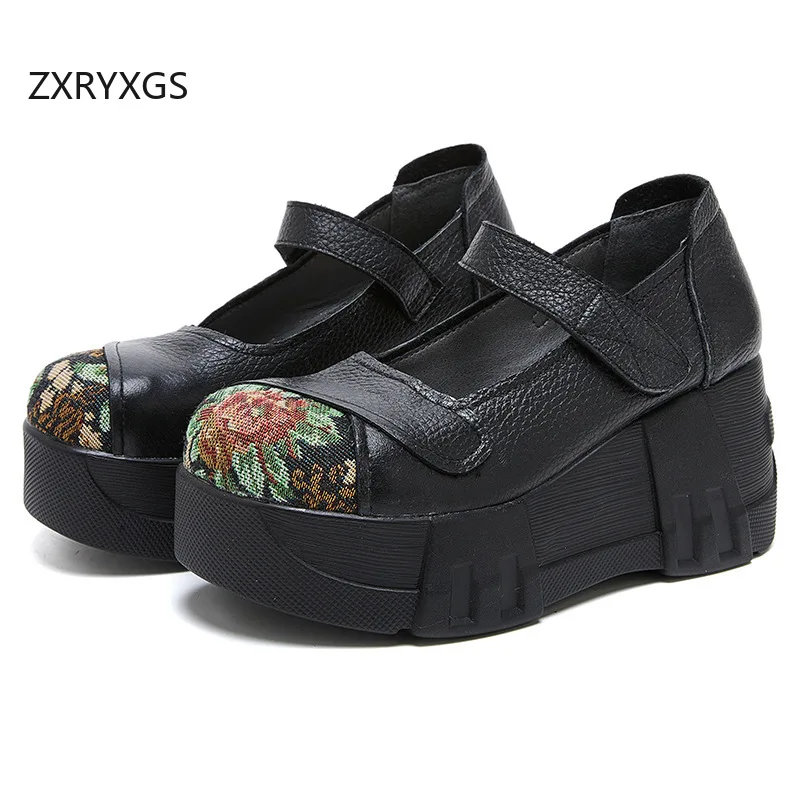 ZXRYXGS 2025 New Chinese Style Classic Flower Women Fashionable Shoes Platform Wedges Increase High Heels Genuine Leather Shoes