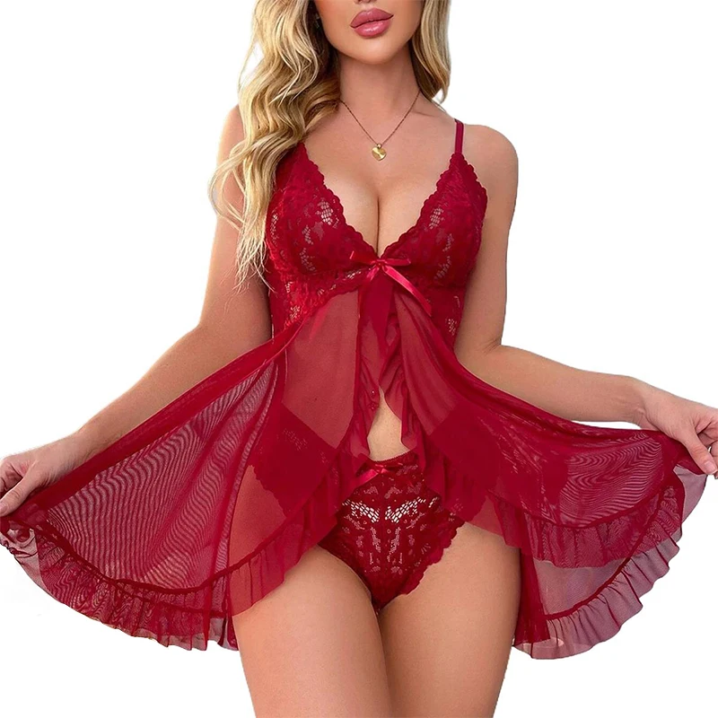 

Сексуальное кружевное платье Babydoll с цветочным принтом, полупрозрачное платье с глубоким V-образным вырезом и рюшами и трусики, комплекты нижнего белья, женское эротическое белье, ночная рубашка