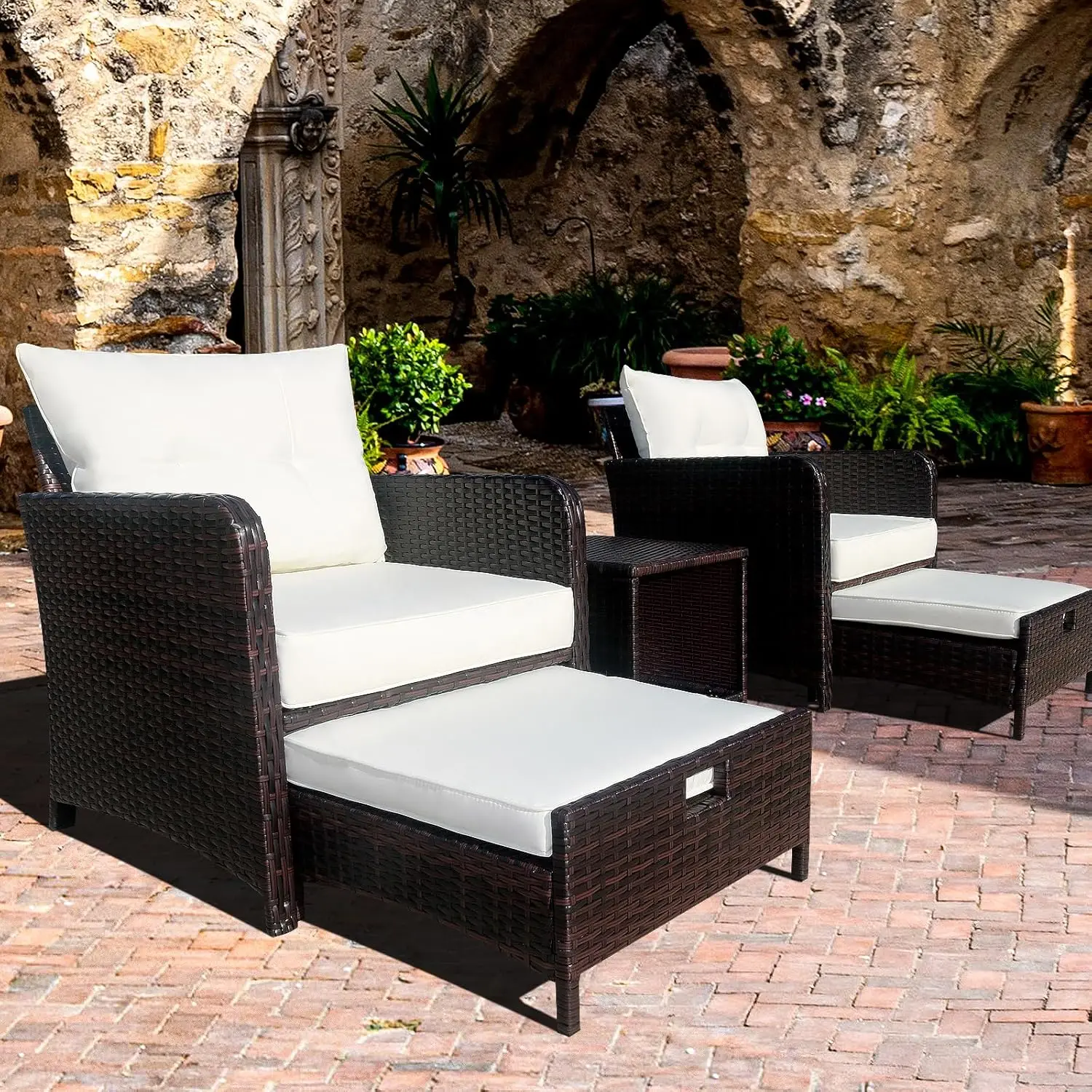 

Furniture 5 Piece Patio Conversation Set, PE Wicker Rattan Lounge Chairs with Ottoman - for Porch Lawn Garden Balcony Poolside