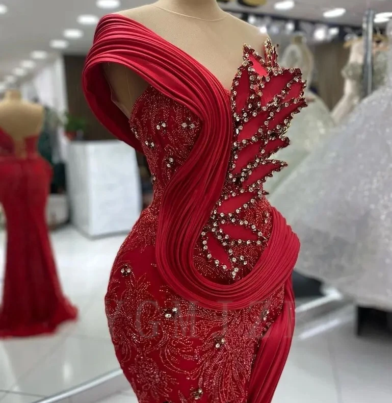 Aso Ebi Evening Dresses Long Luxury Mermaid One Sleeves Beaded Rhinestone Leaf Red Chic Birthday Prom Party Gowns for Wedding